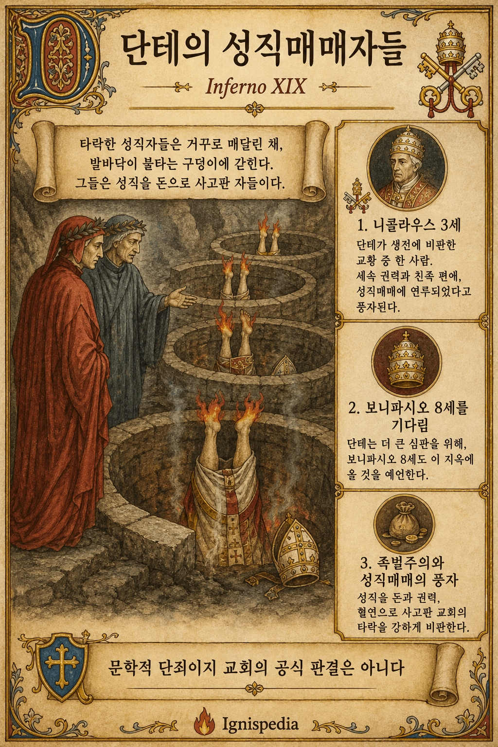 Ignispedia 인포그래픽은 Dante의 Inferno 칸토 XIX에서 성직수학자들에 대한 처벌을 보여줍니다. 교황은 니콜라우스 3세가 위치한 구멍에 거꾸로 갇혀 있고 발은 화염에 휩싸였습니다.
