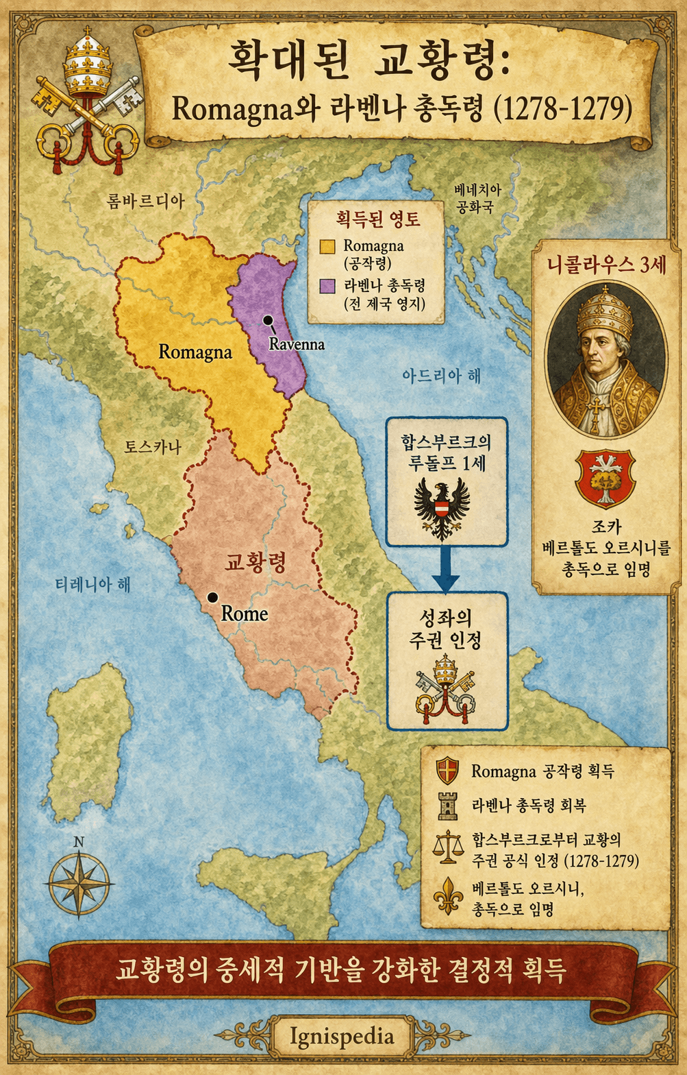 Ignispedia 인포그래픽 지도는 합스부르크의 루돌프가 Romagna를 인수하고 라벤나 총독을 양도하면서 니콜라우스 3세 치하의 교황 국가의 확장을 보여줍니다.