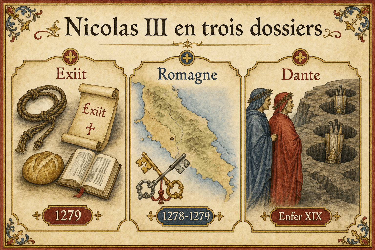 Infographie Ignispedia résumant Nicolas III en trois dossiers : la grande loi franciscaine Exiit qui seminat, l'agrandissement de l'État pontifical et l'installation au Vatican, et sa damnation par Dante pour simonie.