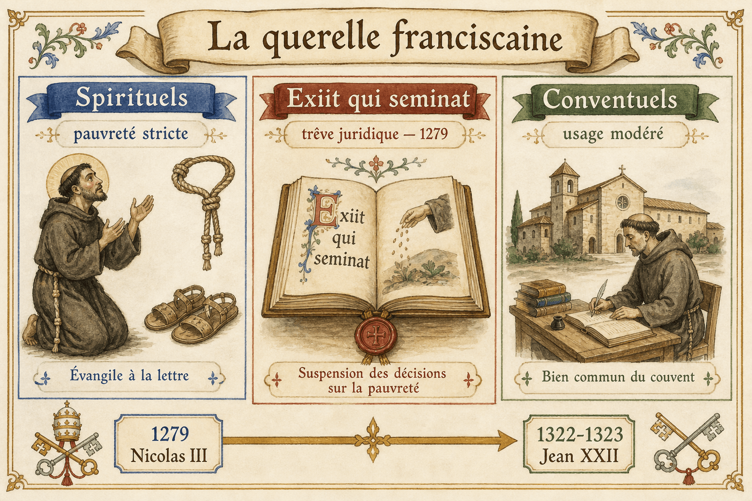 Infographie Ignispedia comparant Spirituels, Conventuels et la solution provisoire d'Exiit qui seminat dans la querelle franciscaine sur la pauvreté.
