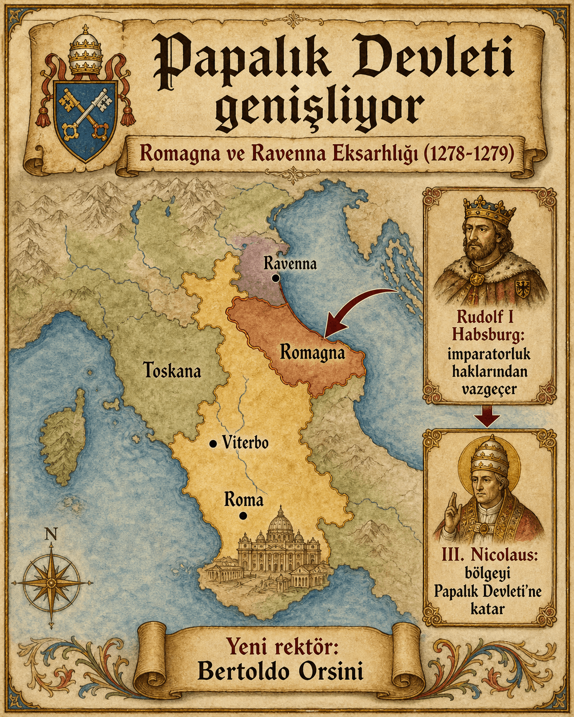 Romagna ve eski Ravenna Eksarhlığı'nın kazanılmasıyla III. Nicolaus döneminde Papalık Devleti'nin genişlemesini gösteren Ignispedia harita infografiği.