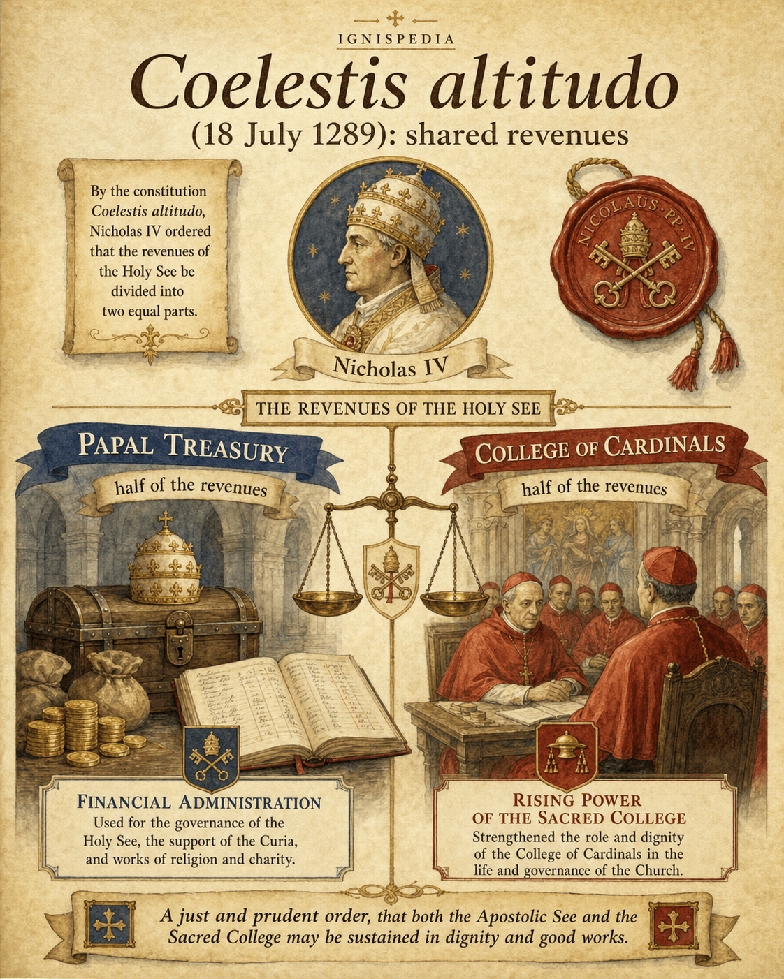 Ignispedia infographic explaining the 1289 constitution Coelestis altitudo: the equal division of the Holy See's revenues between the pope and the College of Cardinals.
