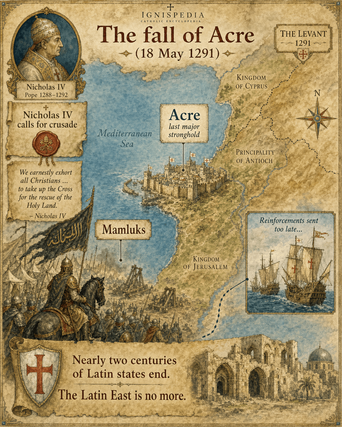Ignispedia infographic map illustrating the fall of Saint John of Acre in 1291, the last major Christian stronghold in the Holy Land, and the end of the Latin States of the East.