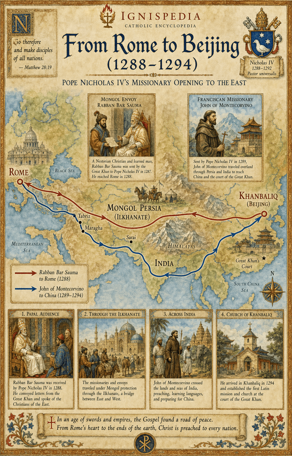 Ignispedia infographic map showing Nicholas IV's missionary opening toward the East: the arrival of the Mongol ambassador Rabban Bar Sauma in Rome in 1288 and the departure of John of Montecorvino for China in 1289.