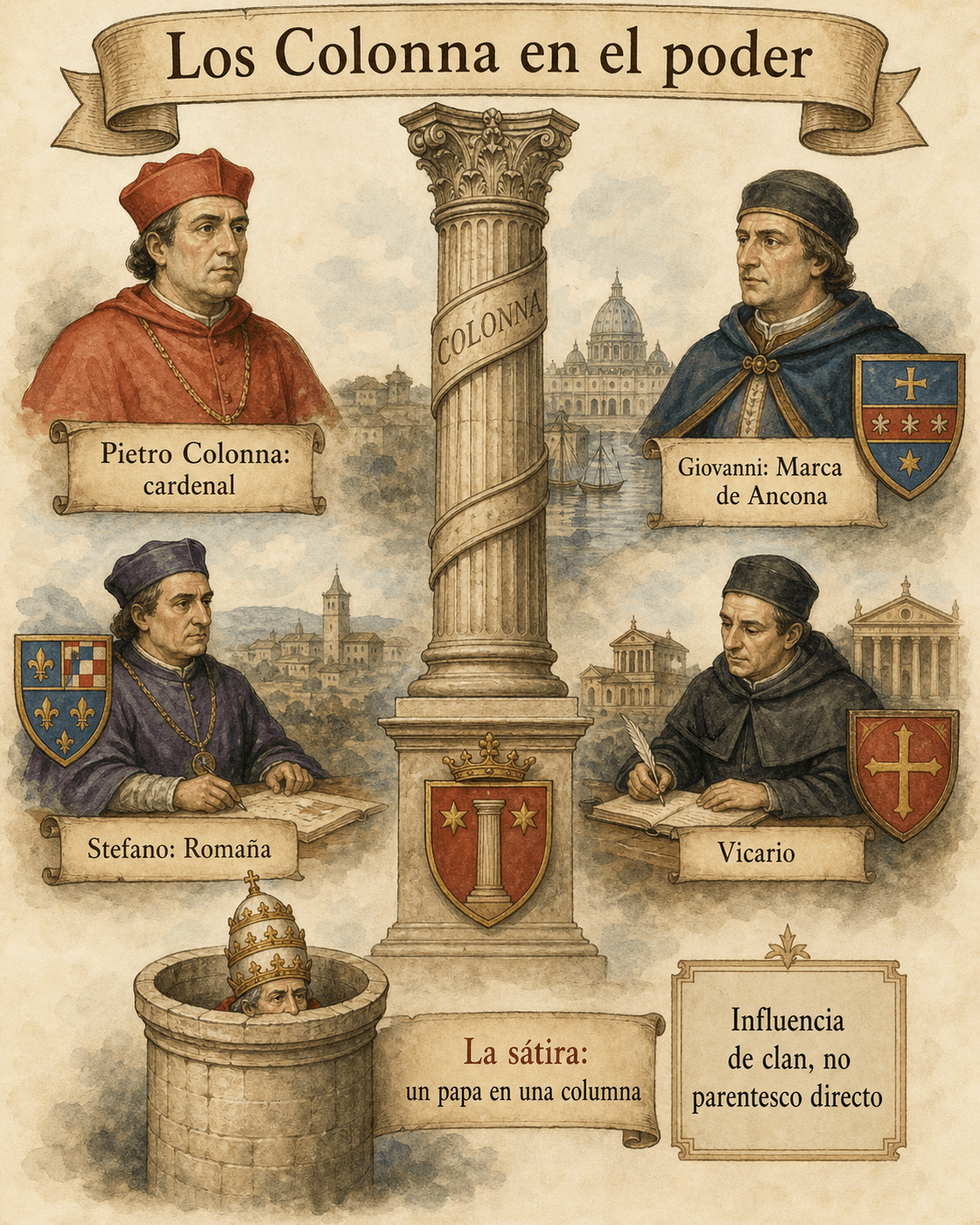 Infografía Ignispedia que ilustra el dominio de la familia Colonna bajo Nicolás IV, hasta la caricatura contemporánea que representa al papa encerrado en una columna de la que solo emerge la cabeza coronada con la tiara.