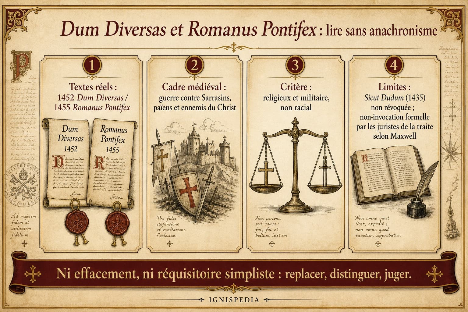 Инфографика Ignispedia о Dum Diversas и Romanus Pontifex: подлинные тексты, средневековые рамки, религиозный и военный критерий, исторические пределы