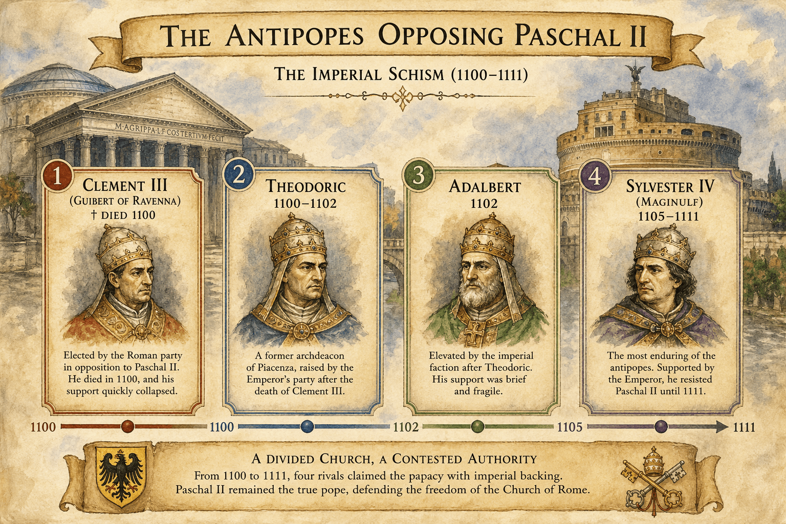 Infographic showing the four antipopes opposed to Paschal II: Clement III, Theodoric, Adalbert, and Sylvester IV.