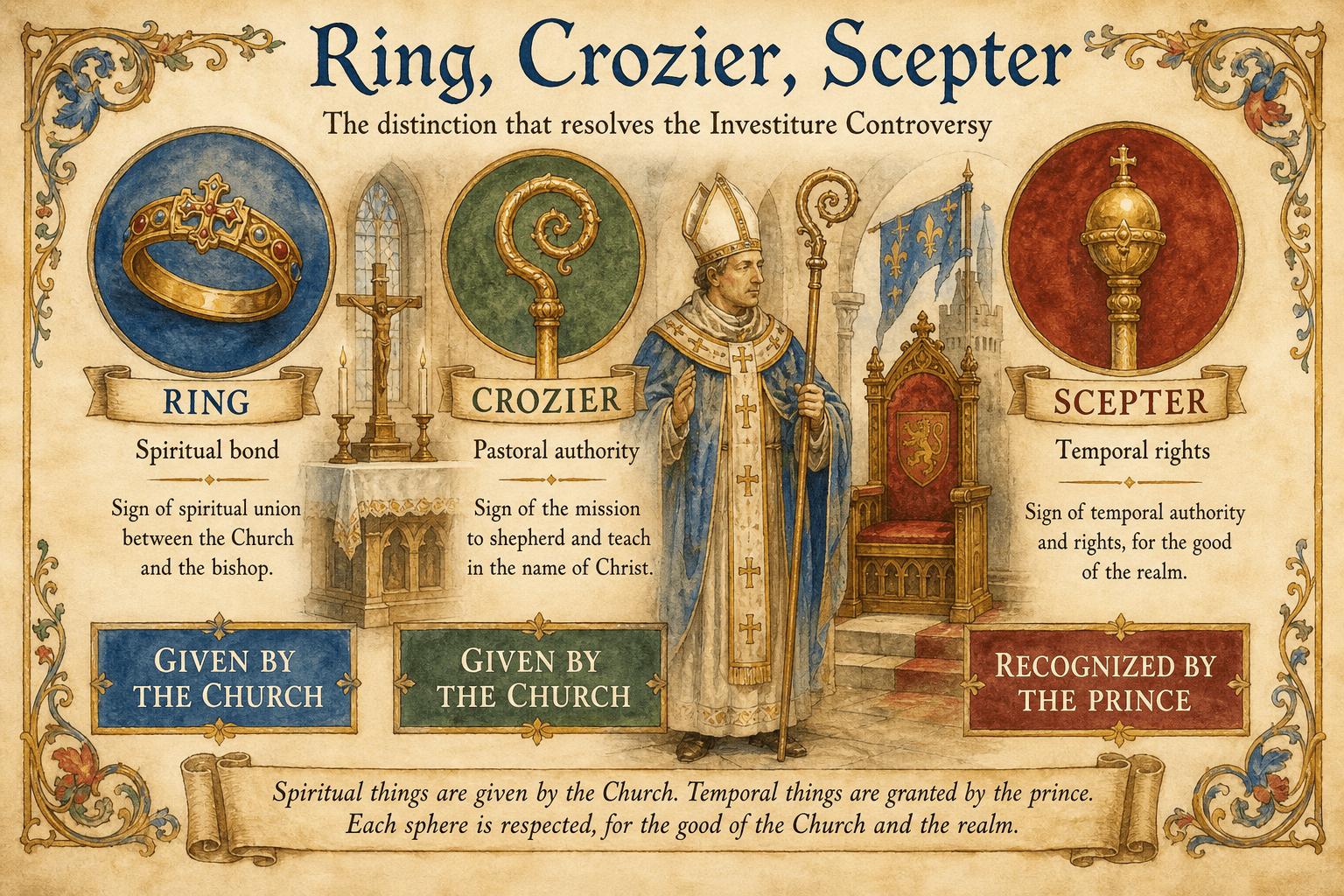 Infographic distinguishing ring and crozier, spiritual signs given by the Church, from the scepter, symbol of temporal rights recognized by the prince.