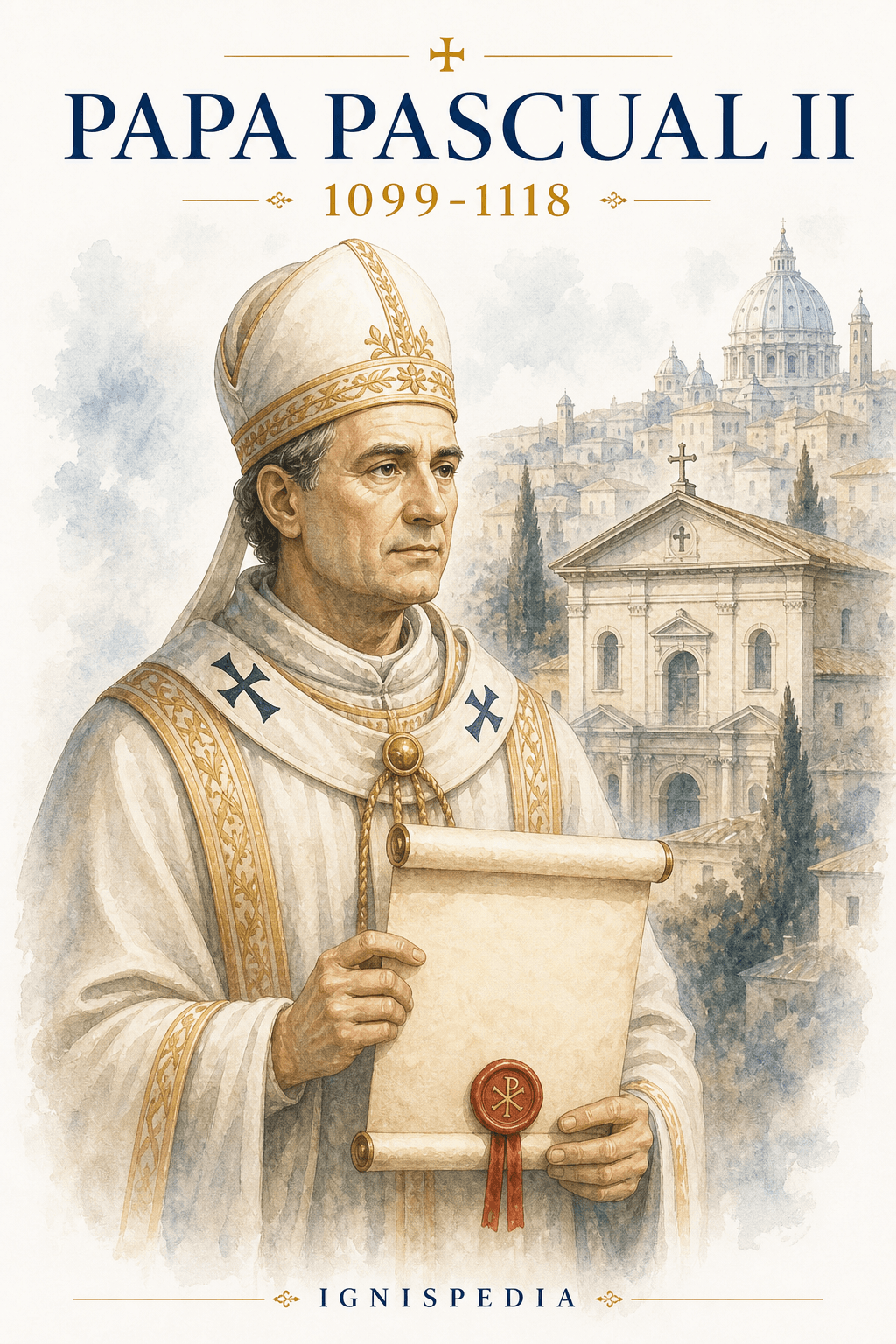 Retrato en acuarela de Pascual II, papa de principios del siglo XII, sosteniendo un pergamino sellado ante la Roma medieval.