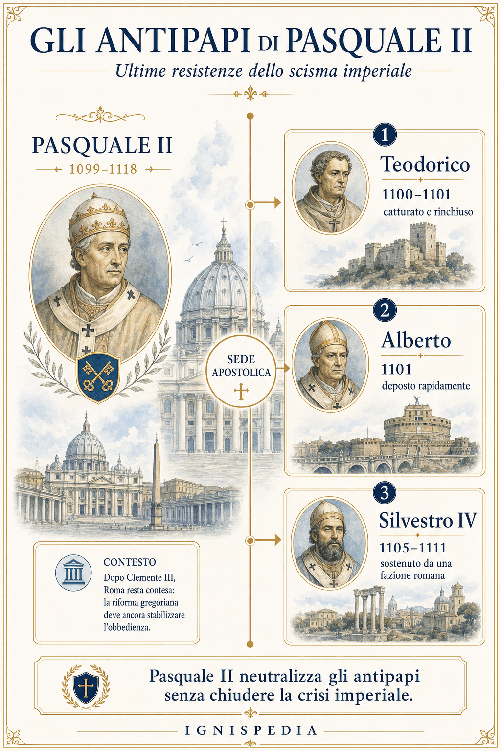 Infografica che mostra i quattro antipapi opposti a Pasquale II: Clemente III, Teodorico, Adalberto e Silvestro IV.