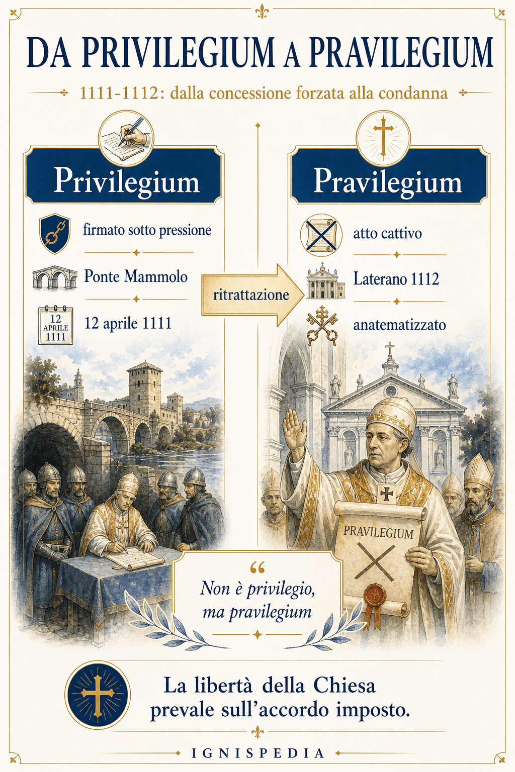 Infografica che mostra il passaggio dal Privilegium del 1111 al pravilegium annullato nel 1112 e poi anatemizzato nel 1116.