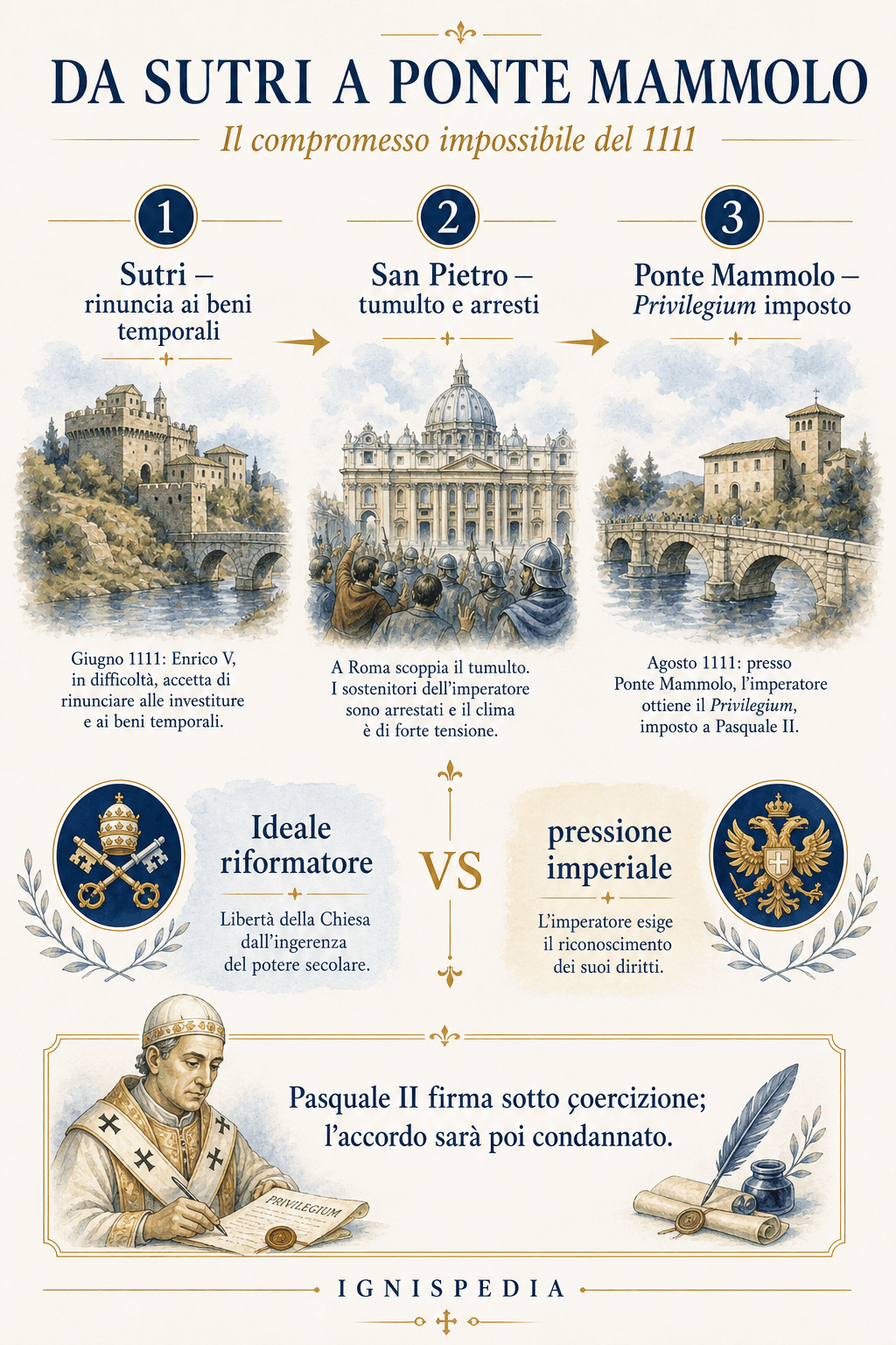 Infografica che confronta il patto di Sutri e il Privilegium di Ponte Mammolo nella crisi del 1111.