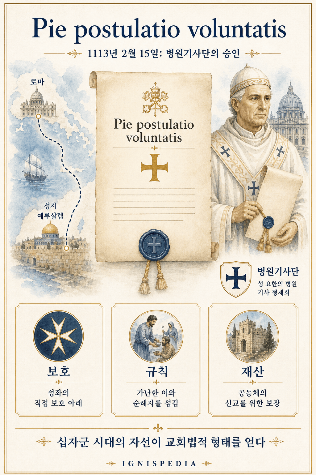 1113년 2월 15일 Pie postulatio voluntatis 칙서 인포그래픽. 이 칙서로 파스칼 2세는 병원기사단을 공식적으로 승인하였다.