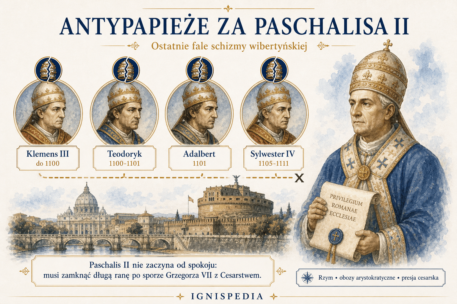 Infografika przedstawiająca czterech antypapieży przeciwstawionych Paschalisowi II: Klemensa III, Teodoryka, Adalberta i Sylwestra IV.