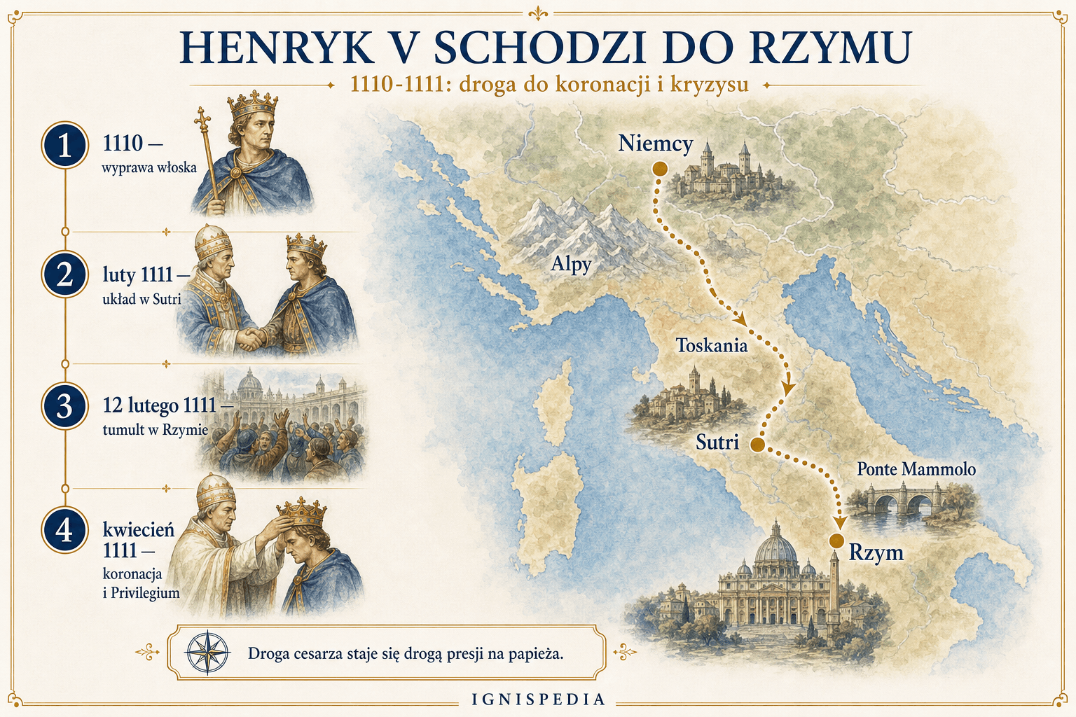 Infografika przedstawiająca zejście Henryka V do Rzymu w latach 1110-1111, od Germanii przez Sutri, Rzym i Ponte Mammolo.