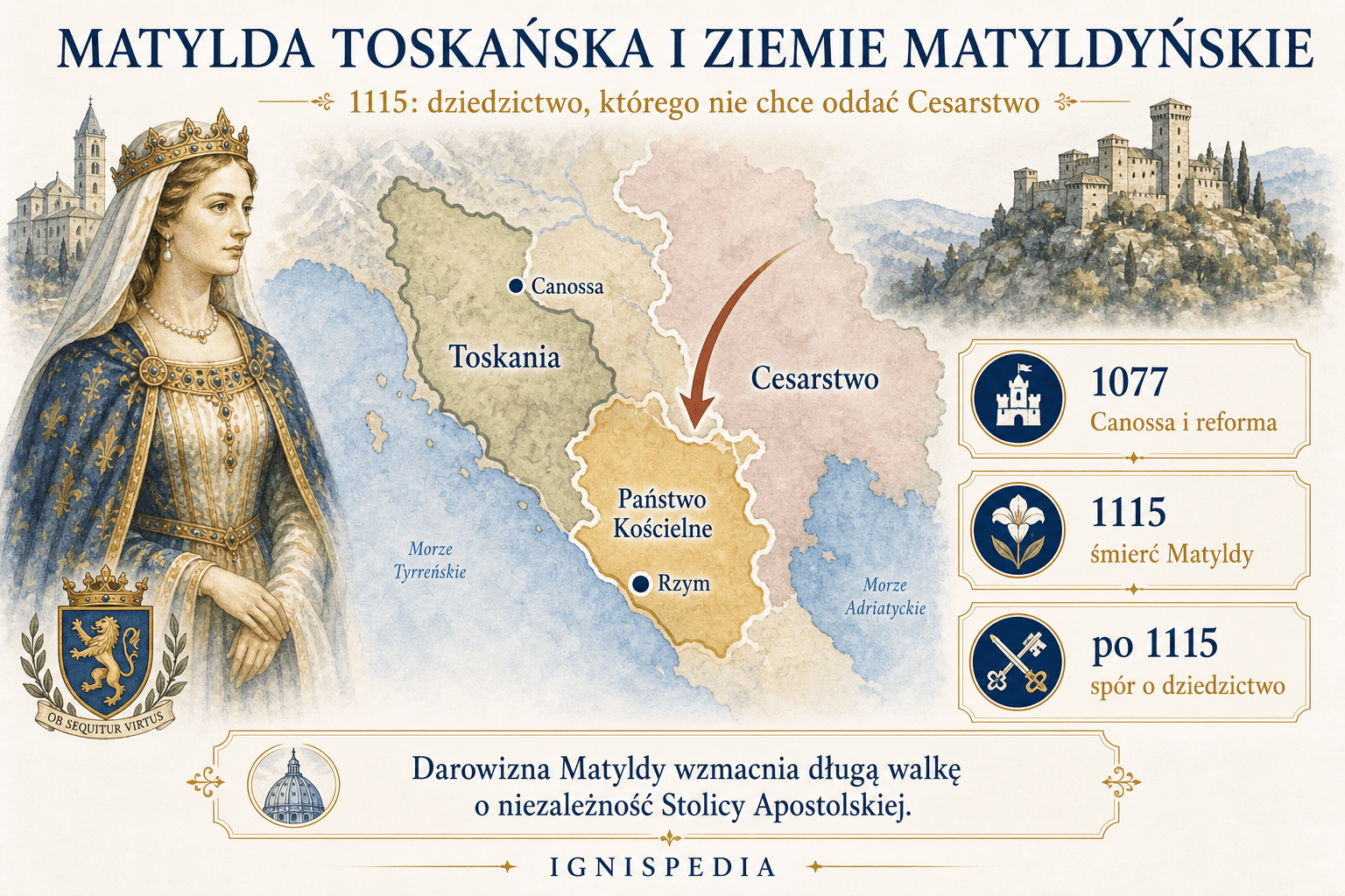 Infografika o Matyldzie z Toskanii, donacji z 1102 roku, jej śmierci w 1115 roku i sporze cesarskim wokół ziem matyldycznych.