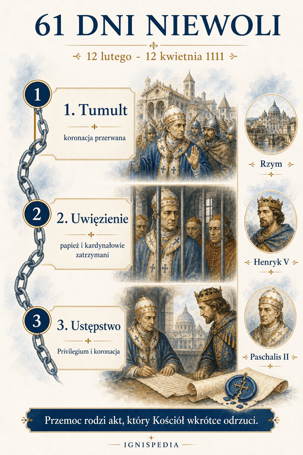 Infografika o sześćdziesięciu jeden dniach niewoli Paschalisa II między 12 lutego a 12 kwietnia 1111.