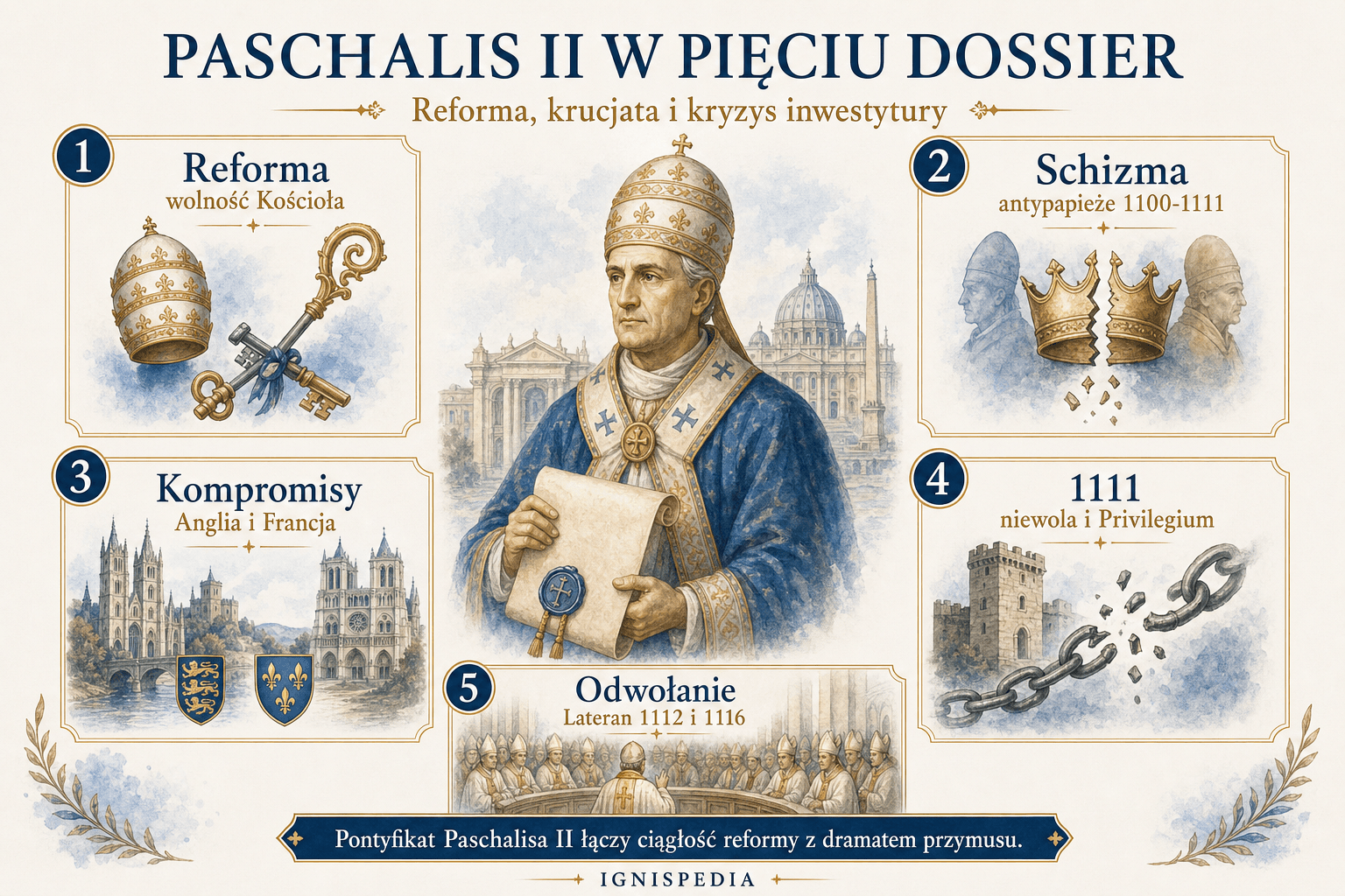 Infografika Ignispedia podsumowująca Paschalisa II w pięciu sprawach: antypapieże, sobory, Anglia-Francja, niewola z 1111 roku i odwołanie pravilegium.