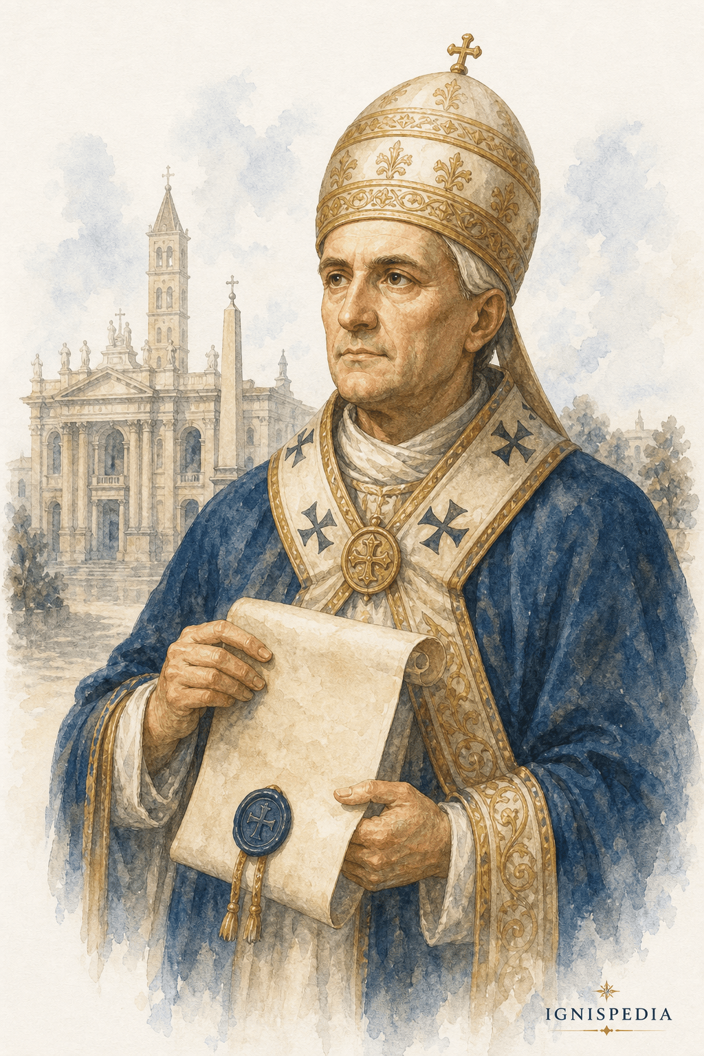 Portret akwarelowy Paschalisa II, papieża z początku XII wieku, trzymającego zapieczętowany pergamin na tle średniowiecznego Rzymu.