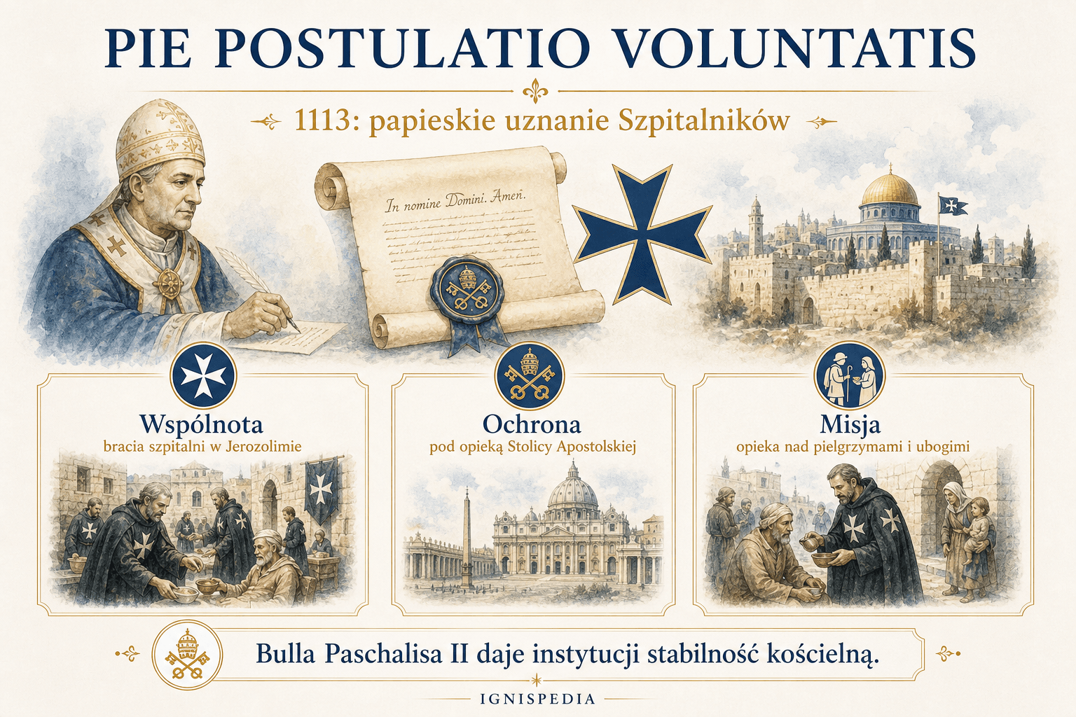 Infografika dotycząca bulli Pie postulatio voluntatis z 15 lutego 1113 roku, na mocy której Paschalis II uznaje joannitów.