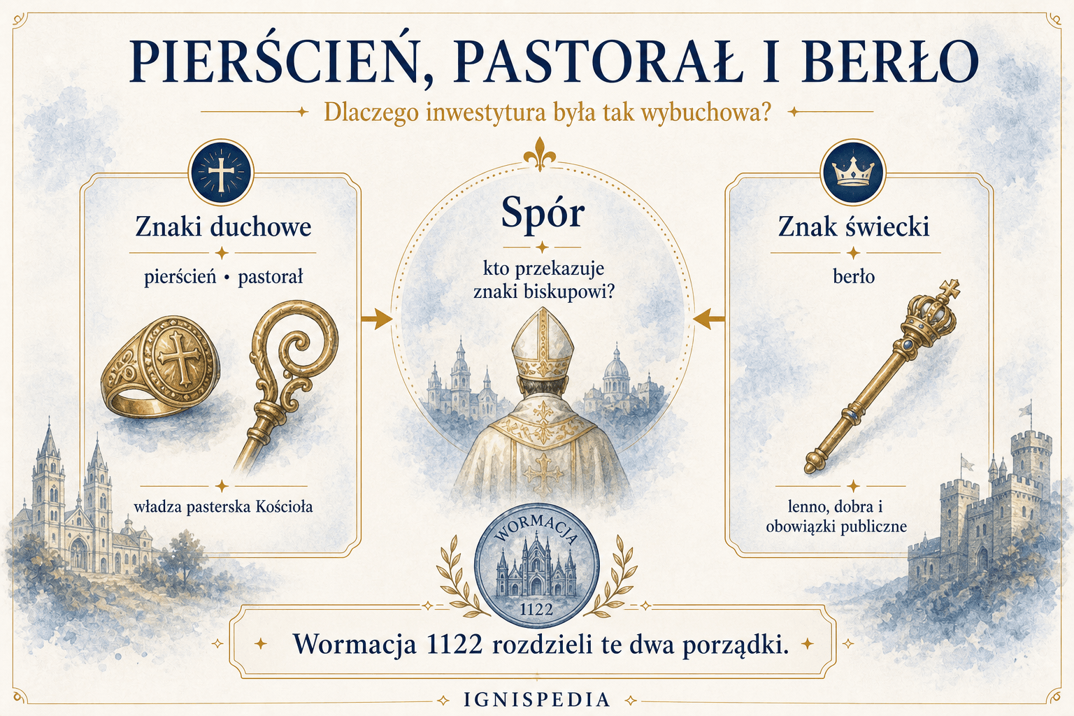 Infografika rozróżniająca pierścień i pastorał, znaki duchowe przekazywane przez Kościół, oraz berło, znak praw świeckich uznawanych przez władcę.