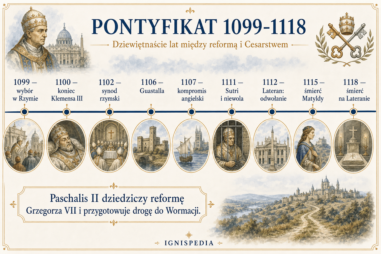 Ilustrowana oś czasu najważniejszych wydarzeń pontyfikatu Paschalisa II w latach 1099–1118.