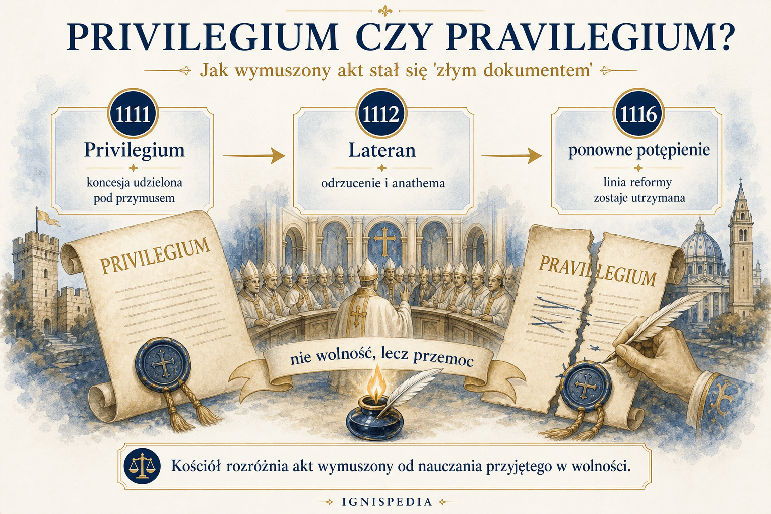 Infografika przedstawiająca przejście od Privilegium z 1111 do pravilegium unieważnionego w 1112, a następnie obłożonego anatemą w 1116.