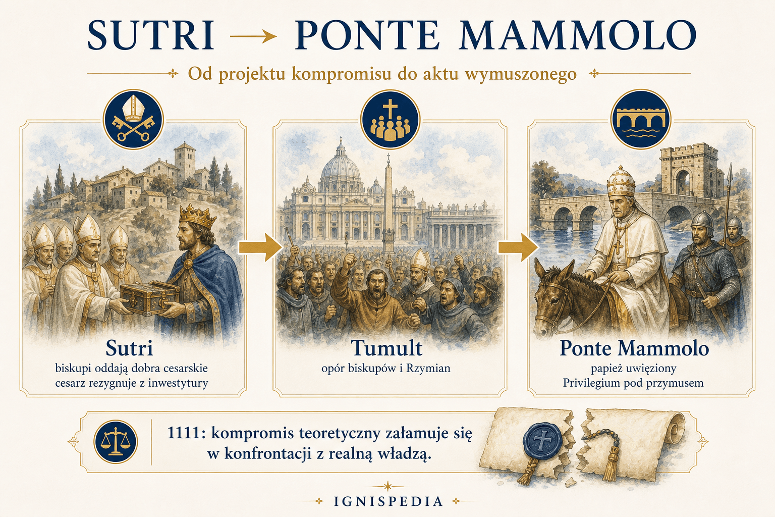 Infografika porównująca pakt z Sutri i Privilegium z Ponte Mammolo podczas kryzysu 1111 roku.