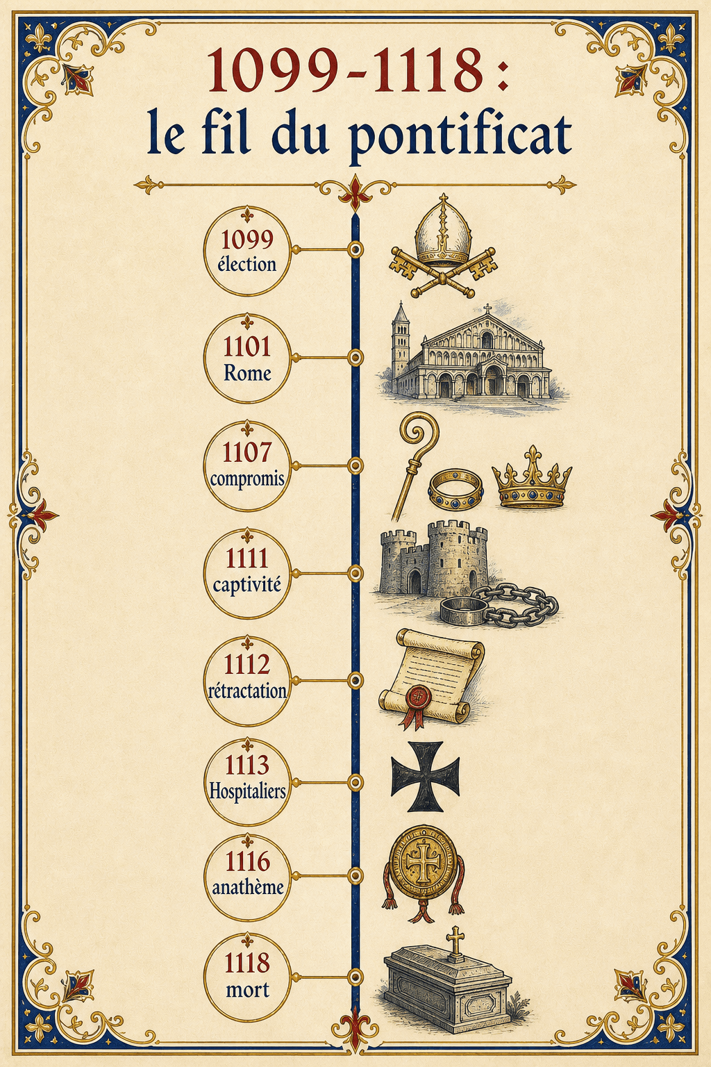 Frise illustrée des grands repères du pontificat de Pascal II entre 1099 et 1118.