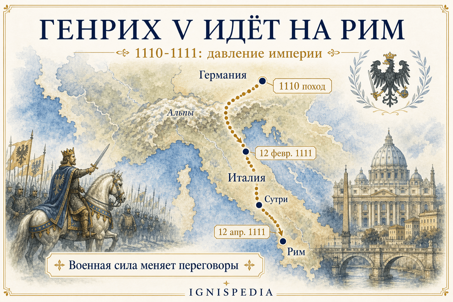 Инфографическая карта спуска Генриха V к Риму в 1110–1111 годах, из Германии через Сутри, Рим и Понте Маммоло.