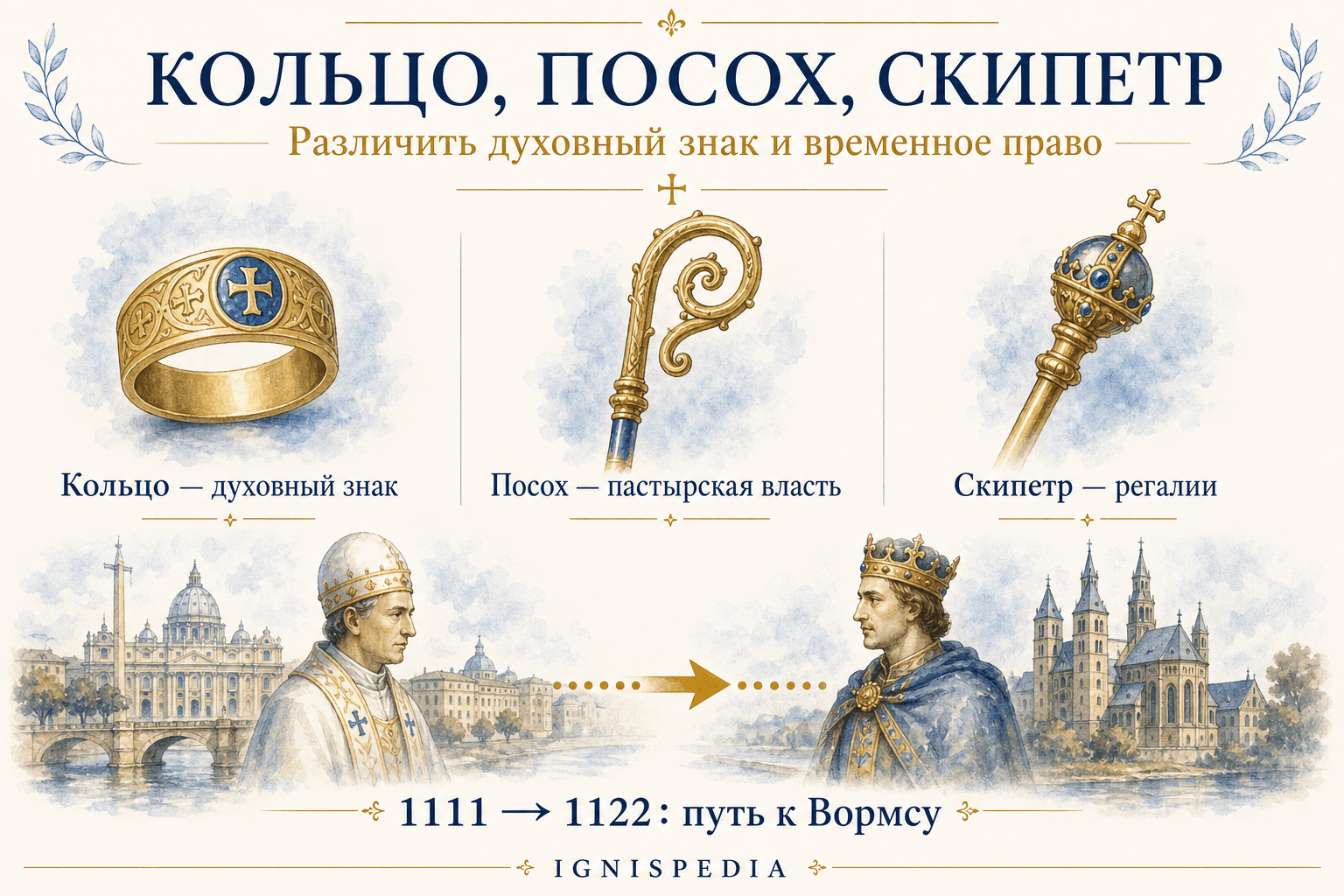 Инфографика, различающая кольцо и посох — духовные знаки, передаваемые Церковью, и скипетр — знак временных прав, признаваемых князем.