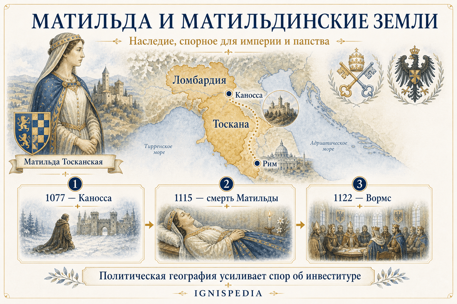 Инфографика о Матильде Тосканской, дарении 1102 года, её смерти в 1115 году и имперском конфликте вокруг матильдинских земель.