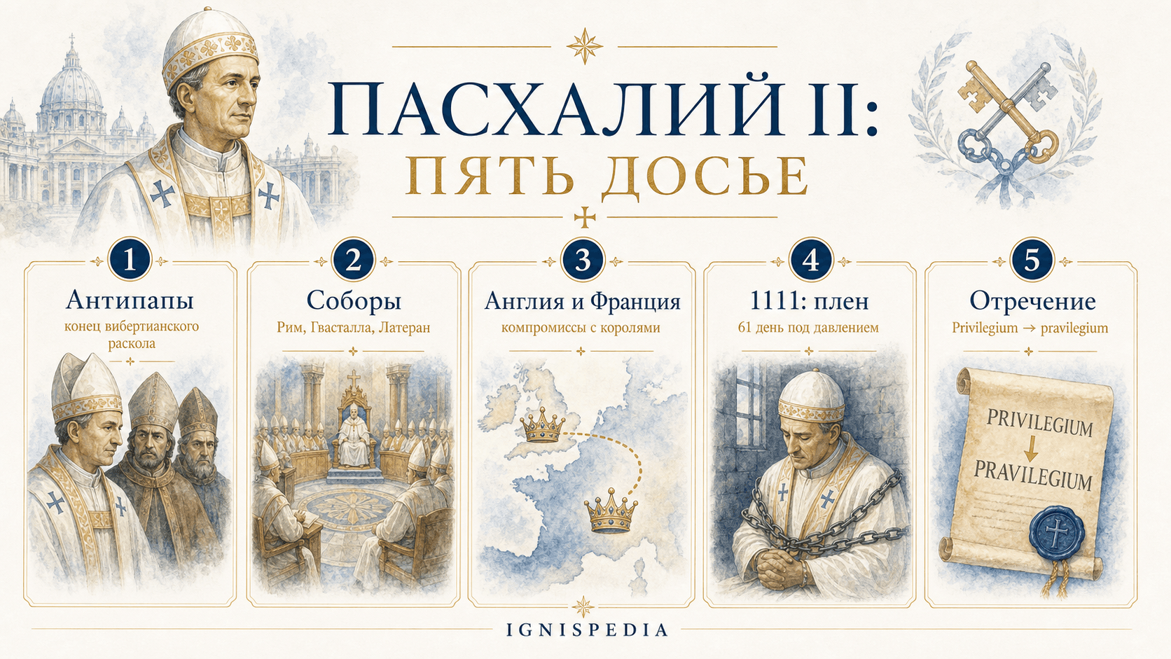 Инфографика Ignispedia, резюмирующая понтификат Пасхалия II по пяти направлениям: антипапы, соборы, Англия-Франция, пленение 1111 года и отмена pravilegium.