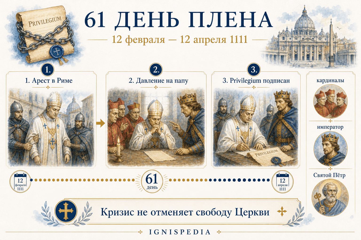 Инфографика о шестидесяти одном дне плена Пасхалия II между 12 февраля и 12 апреля 1111 года.