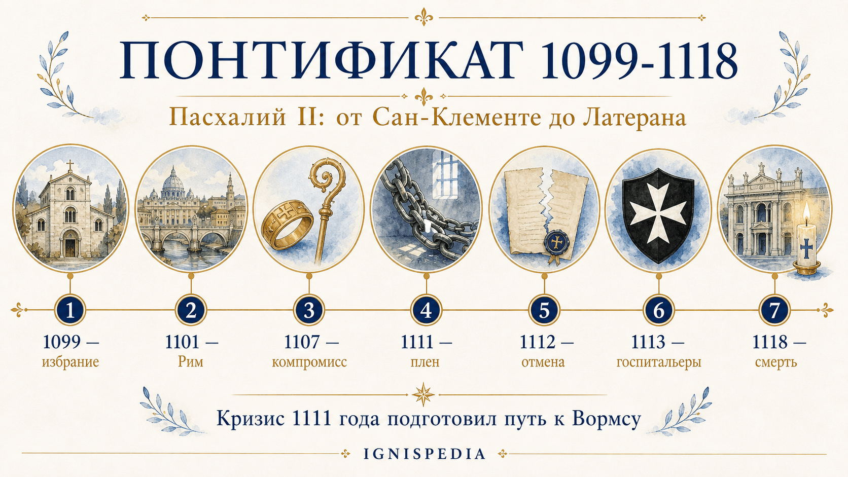Иллюстрированная хронологическая лента основных этапов понтификата Пасхалия II с 1099 по 1118 год.