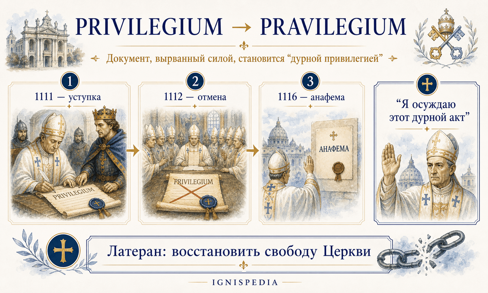 Инфографика, показывающая переход от Privilegium 1111 года к pravilegium, аннулированному в 1112 году и затем преданному анафеме в 1116 году.