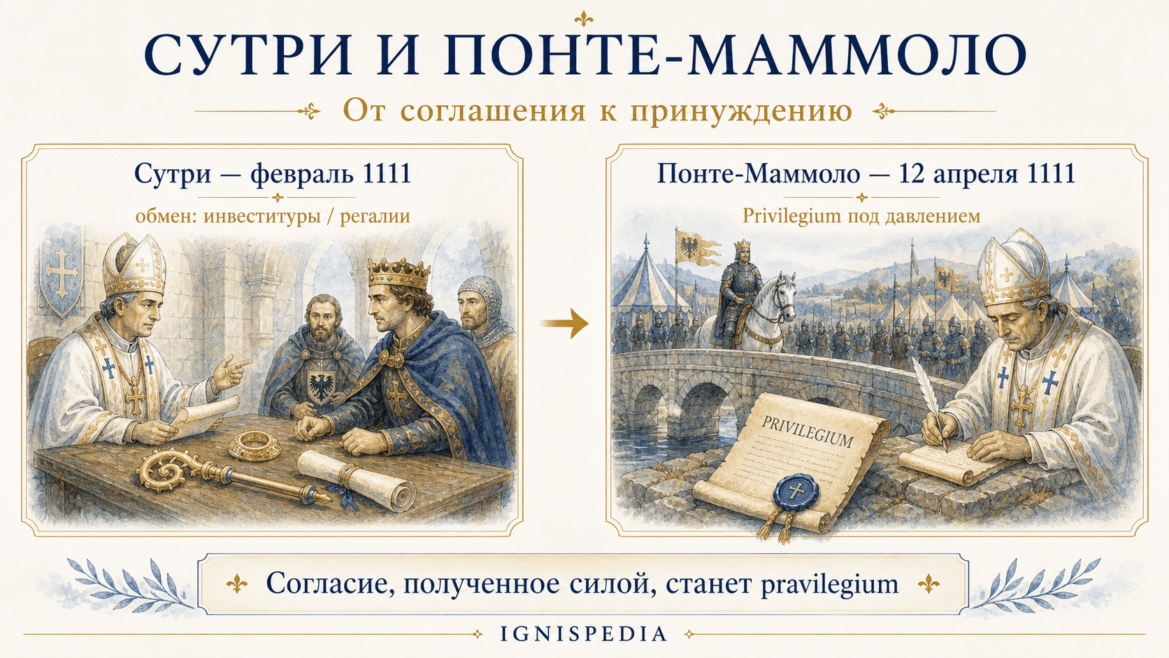 Инфографика, сравнивающая пакт в Сутри и Privilegium Понте Маммоло в кризисе 1111 года.