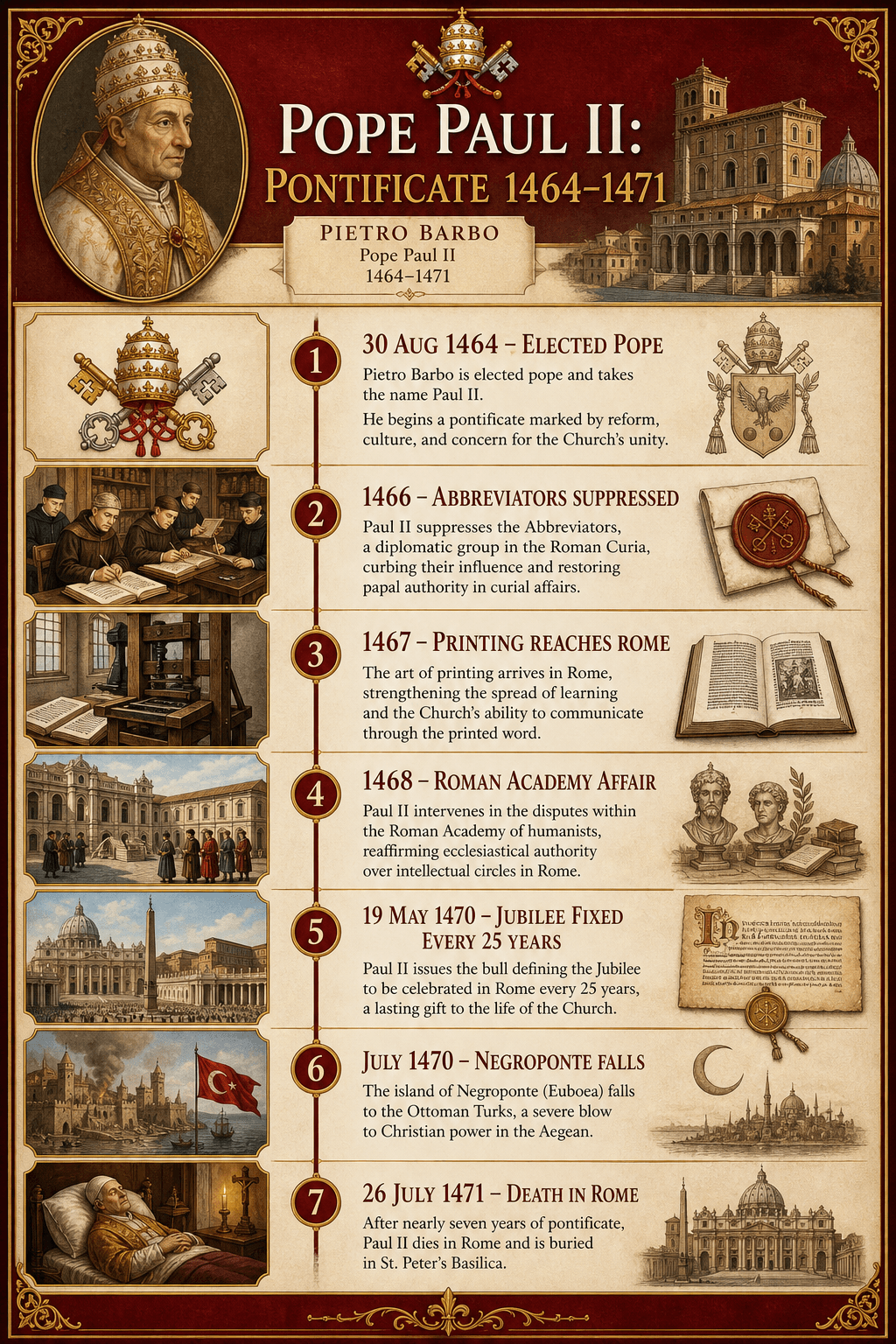 Timeline of Pope Paul II's pontificate, from his election in 1464 to his death in 1471