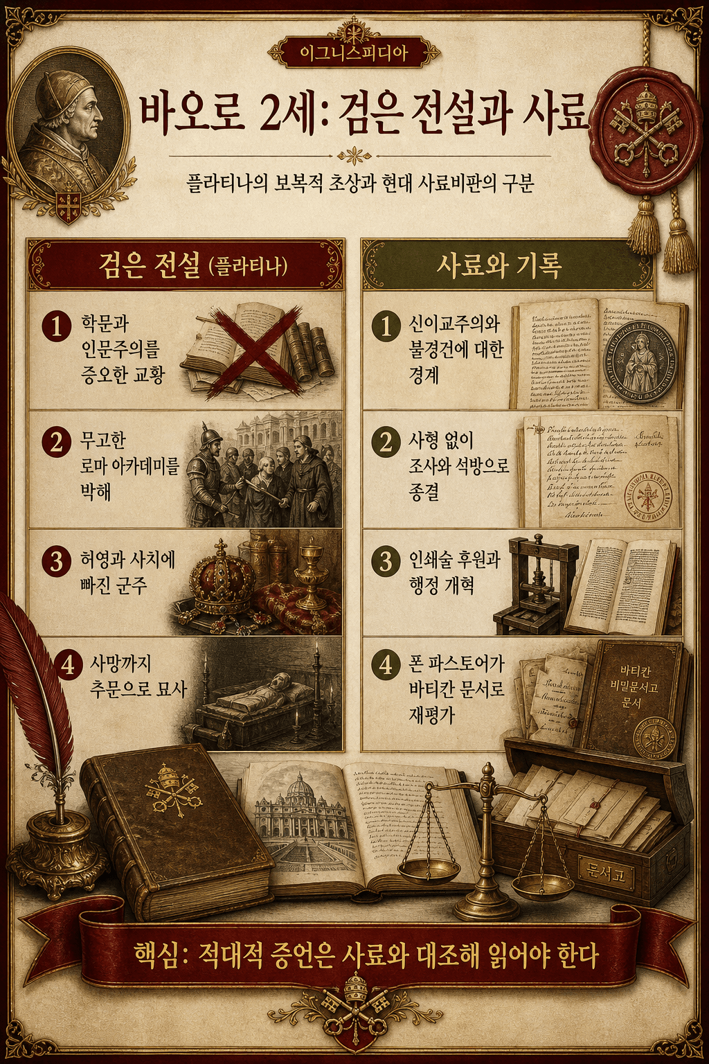 바오로 2세의 검은 전설과 문서 자료를 비교하는 인포그래픽