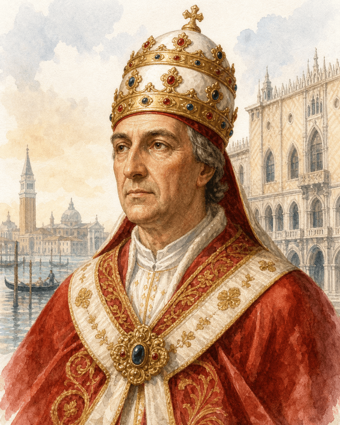 Ritratto ad acquerello di papa Paolo II (Pietro Barbo), papa veneziano del Rinascimento, con la tiara ornata di pietre preziose e il palazzo di San Marco