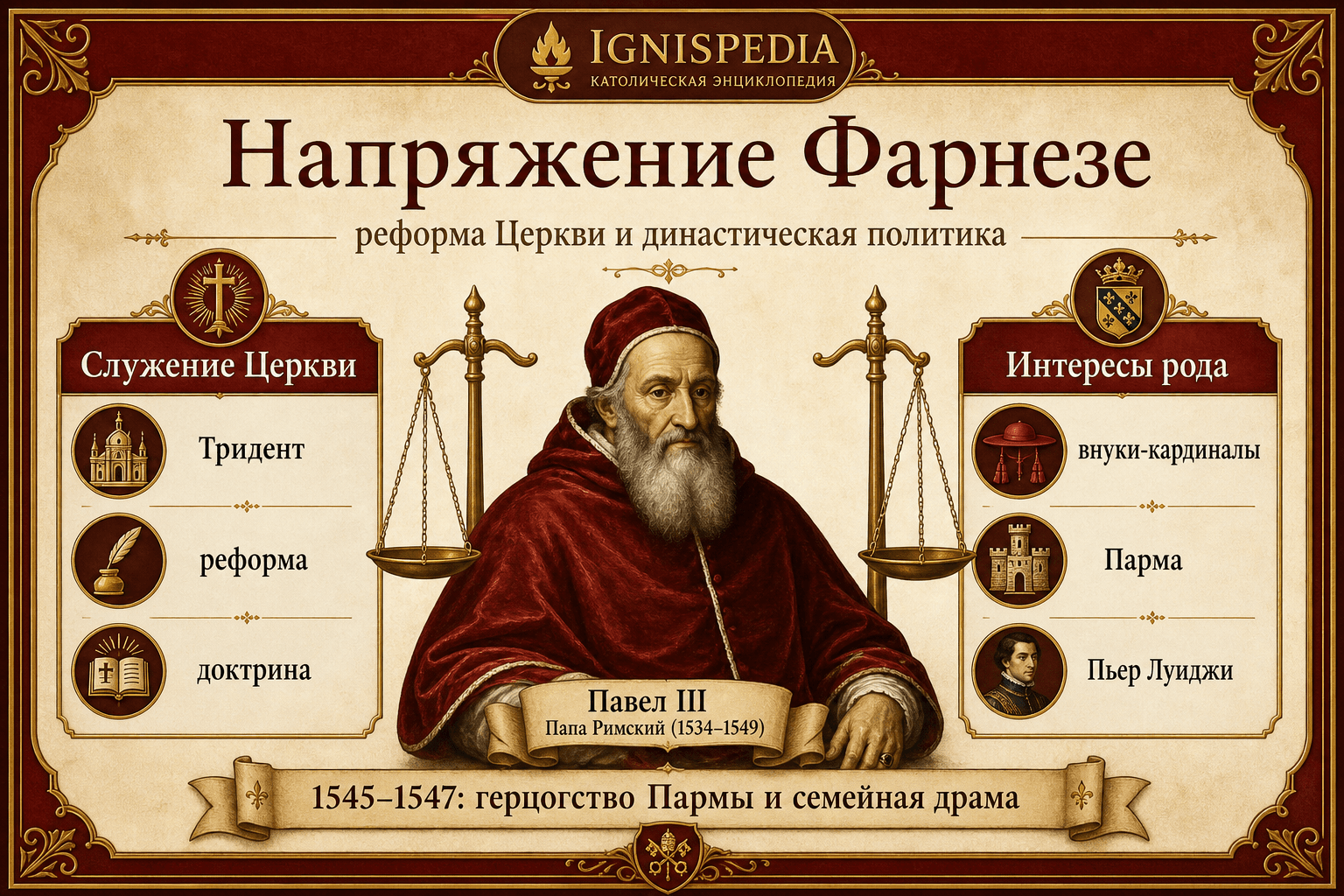 Инфографика: напряжение Фарнезе между династическими интересами и реформой Церкви при Павле III.
