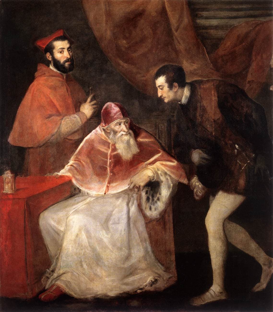 Paul III and his grandsons Alessandro and Ottavio Farnese, unfinished painting by Titian, painted around 1546.