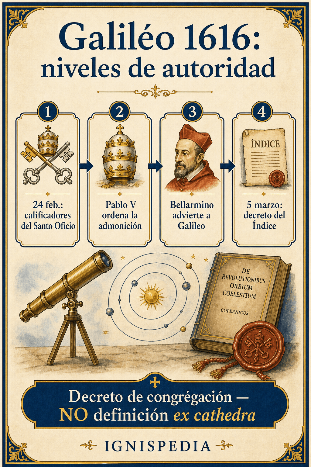 Infografía Ignispedia: el caso Galileo de 1616, los niveles de autoridad, desde el calificador hasta el decreto del Índice.