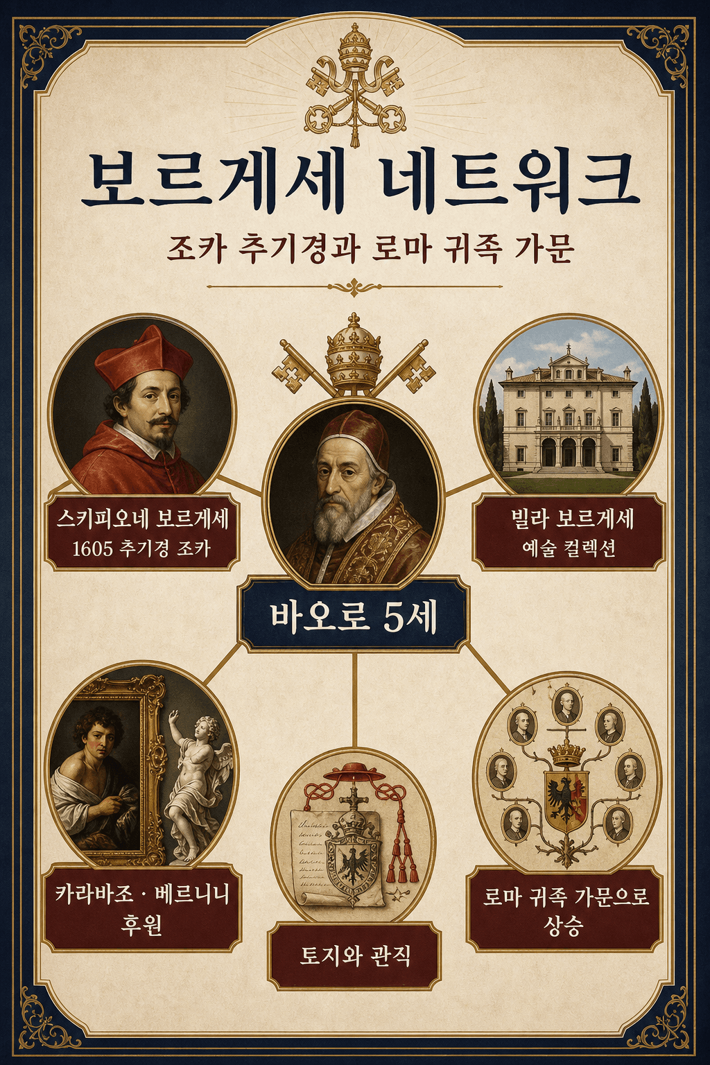 Ignispedia 인포그래픽: 교황 바오로 5세의 족벌주의, 조카 추기경 스키피오네 보르게제와 보르게제 가문의 부상.
