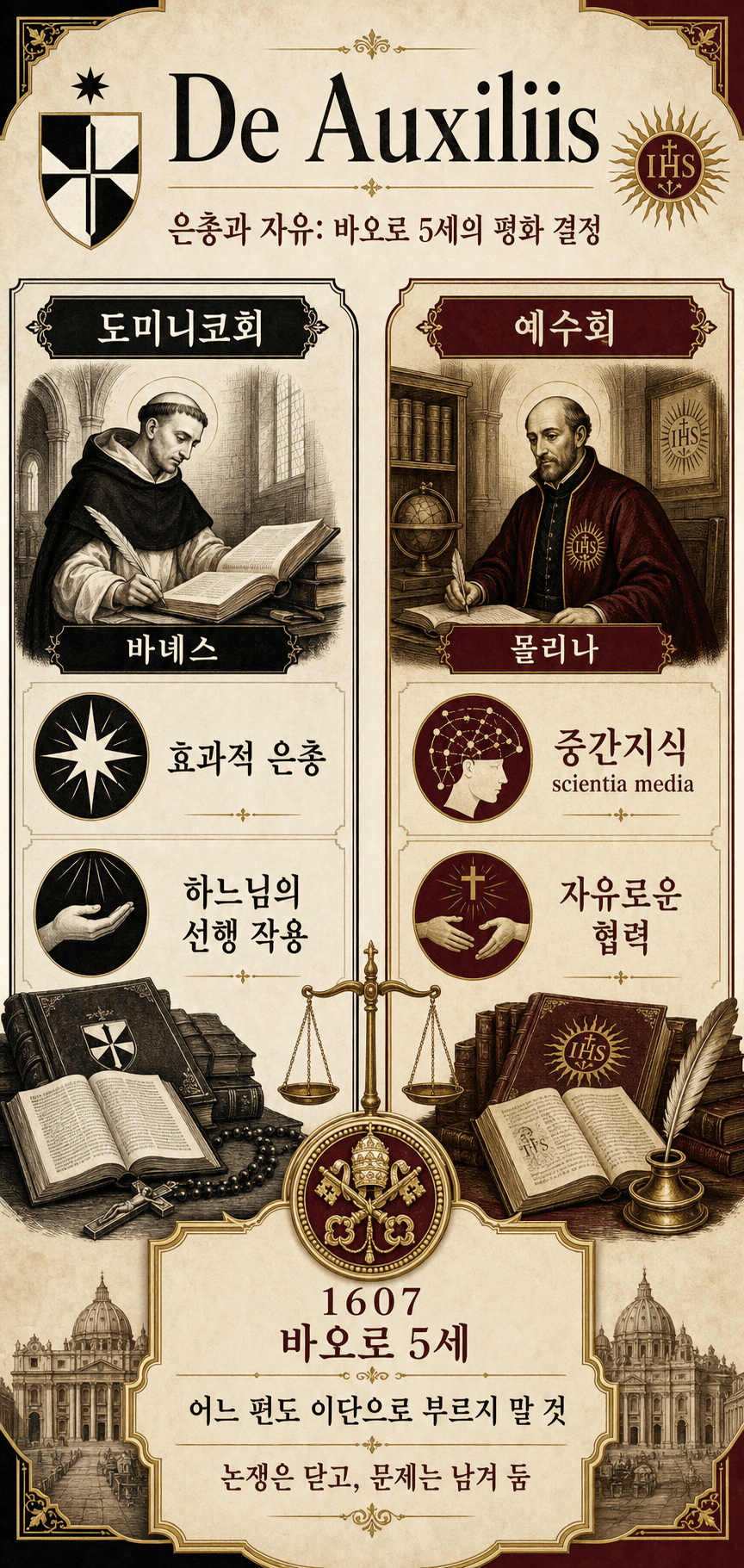 Ignispedia 인포그래픽 : 바녜스 대 몰리나, 바오로 5세가 은총과 자유의지에 대해 판결한 두 학파.