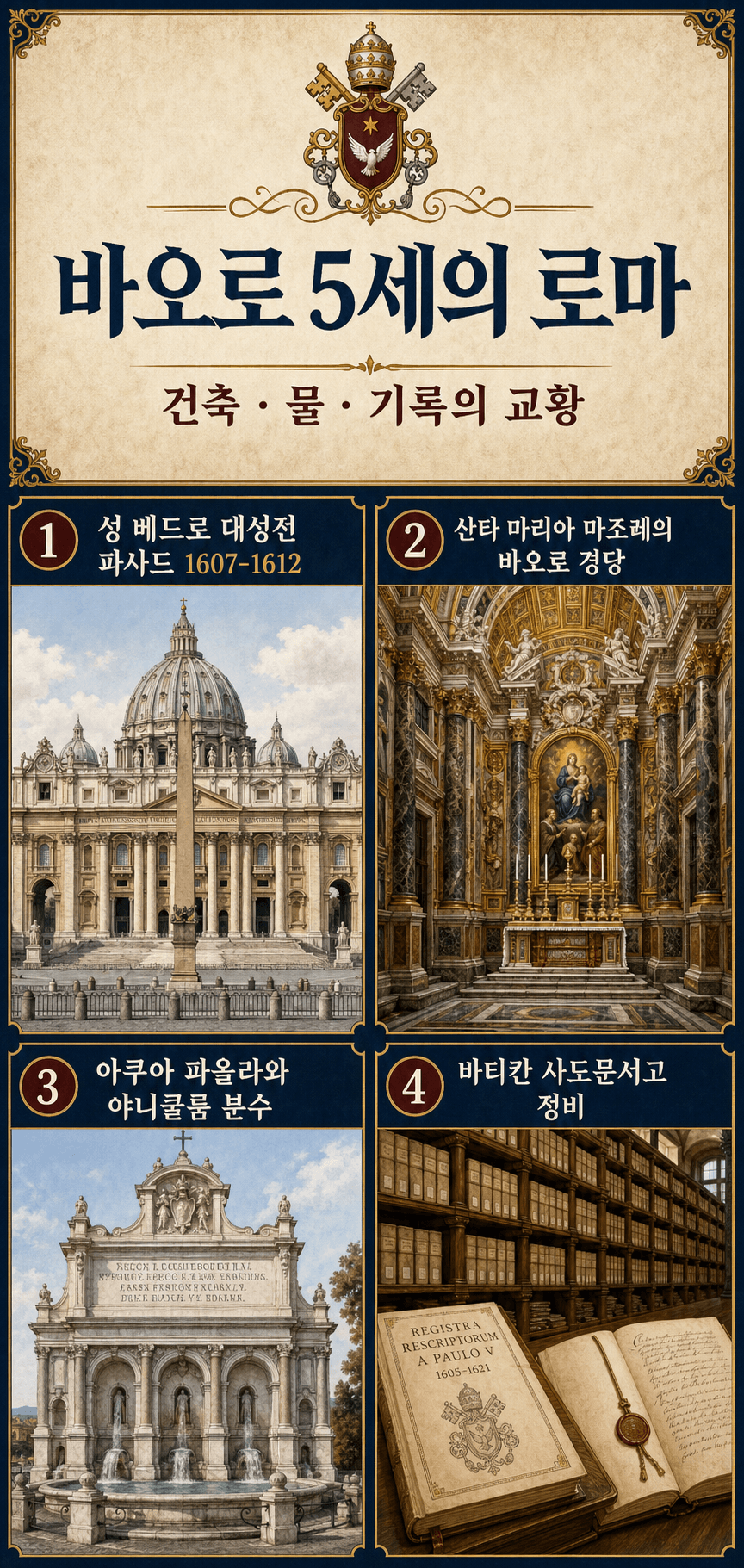 Ignispedia 인포그래픽: 바오로 5세 시대 로마, 성 베드로 성당 정면, 바오로 예배당, 아쿠아 파올라 분수.