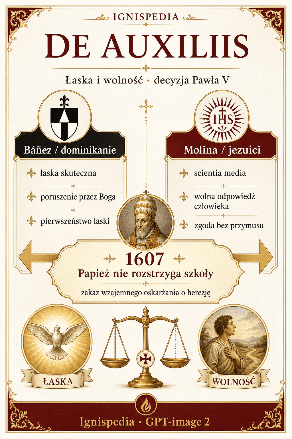 Infografika Ignispedia: Báñez kontra Molina, dwie szkoły dotyczące łaski i wolnej woli rozstrzygnięte przez Pawła V.