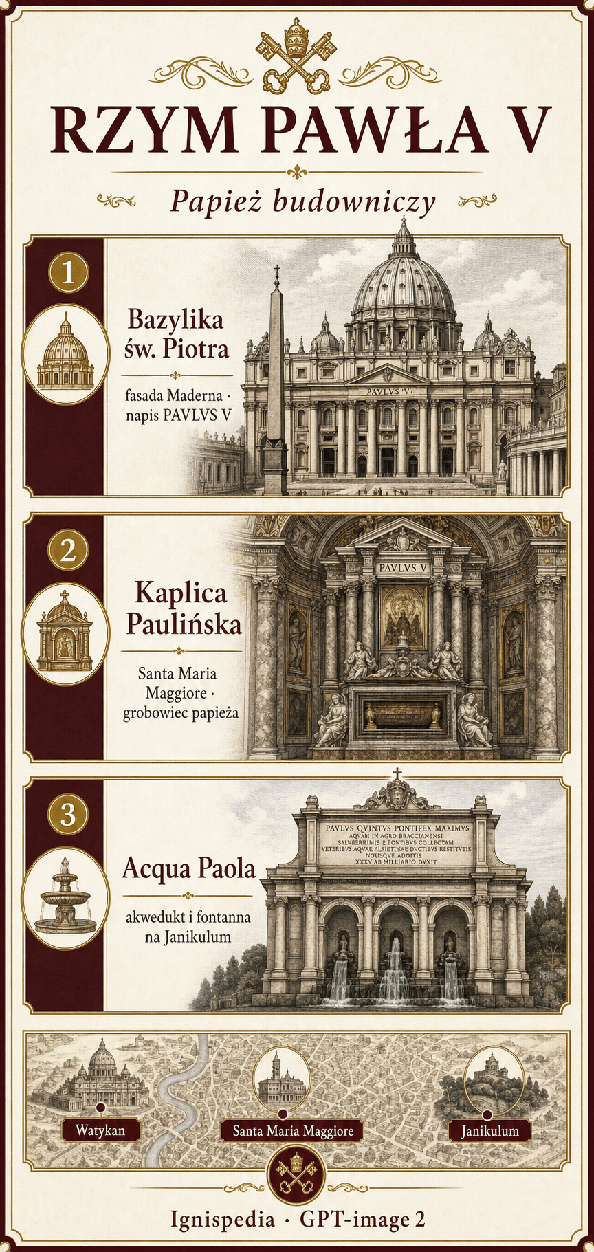 Infografika Ignispedia: Rzym Pawła V, fasada św. Piotra, kaplica Pawła i fontanna Acqua Paola.