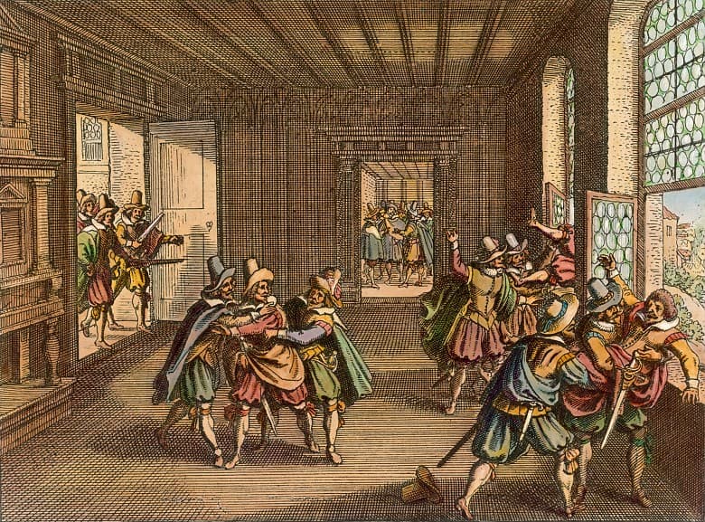 A Defenestração de Praga de 1618, gravura de Matthäus Merian, 1629.