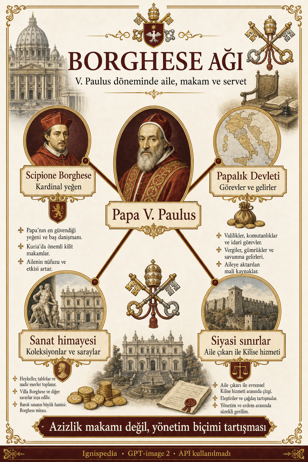 Ignispedia infografiği: Papa V. Paul’un nepotizmi, kardinal yeğeni Scipione Borghese ve Borghese ailesinin yükselişi.